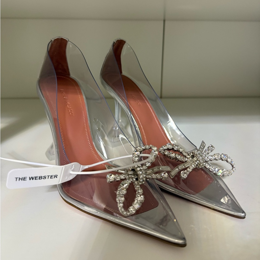 Amina Muaddi Silver Heels with Intricate Bow Design